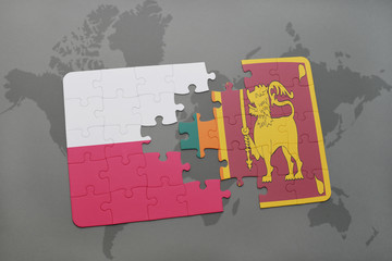 puzzle with the national flag of poland and sri lanka on a world map background. 3D illustration