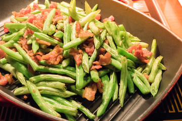 crispy bacon with beans in Frying Pan