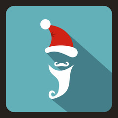 Red hat and beard with mustache of Santa Claus icon in flat style with long shadow. New year symbol vector illustration