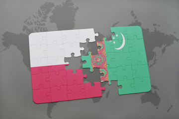 puzzle with the national flag of poland and turkmenistan on a world map background. 3D illustration