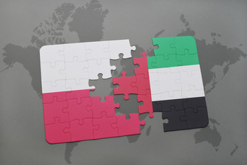 puzzle with the national flag of poland and united arab emirates on a world map background. 3D illustration