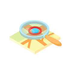 Search through a magnifying glass on map icon in cartoon style isolated on white background. Navigation symbol vector illustration