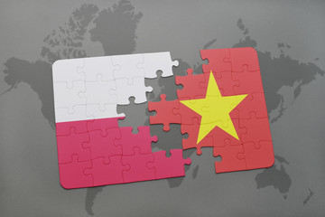 puzzle with the national flag of poland and vietnam on a world map background. 3D illustration