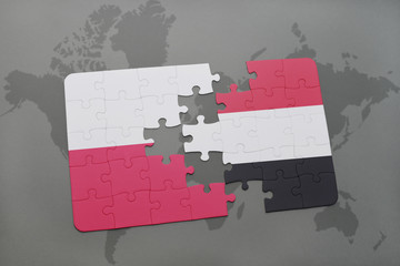 puzzle with the national flag of poland and yemen on a world map background. 3D illustration