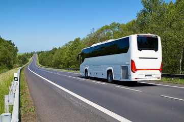 White Bus driving along an empty asphalt road lined with deciduous trees in the countryside - obrazy, fototapety, plakaty