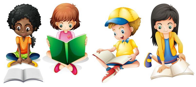 Boy and girls reading book