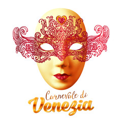 Golden carnival mask with red lacy top and Carnivale di Venezia sign