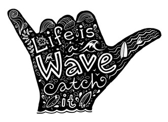 Black surfer shaka silhouette with white hand drawn lettering - 121515775