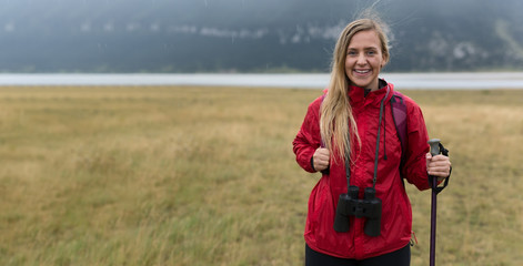 Fototapeta premium woman tourist on a background of mountains