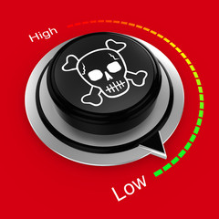 3D illustration of a rotary knob isolated on red with a high to low scale from red to green with a skull risk management concept