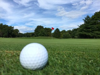 A white golf ball sits in the foreground just off the green of a course on a beautiful autumn day. Chip or putt hit into the cup.