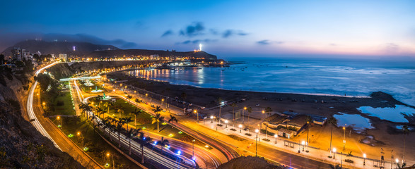 Evening view of the Chorrillos Bay in Lima, Peru.