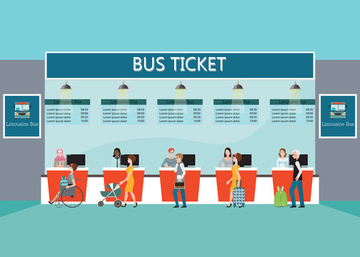 Bus terminal with people buying ticket at counter service.