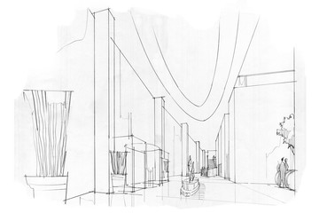 sketch stripes lobby, black and white interior design.