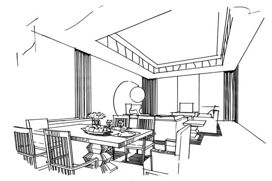 sketch stripes dining & living, black and white interior design.