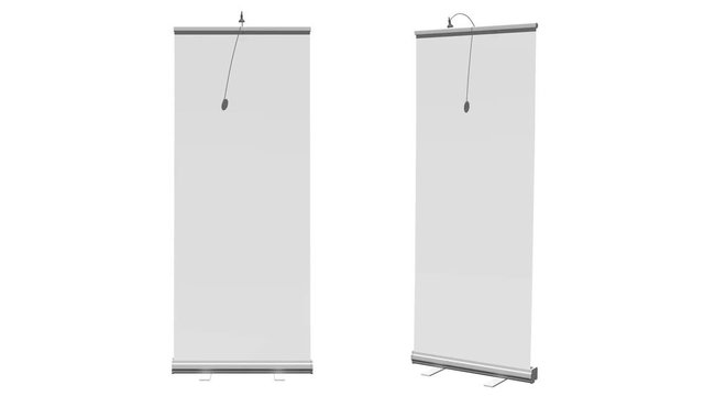 Blank Roll Up Banner Stand with angle. Trade show booth white and blank. 3d motion graphic on white background. Available in 4K FullHD and HD video render footage. Alpha matte channel included.