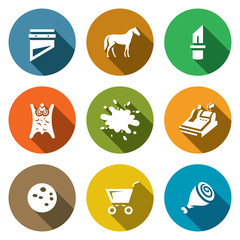 Vector Set of Meat Processing Plant Icons. Guillotine, Horse, Knife, Skin, Blood, Cash, Sausage, Food Truck, Leg.