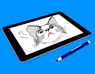 Tablet and digital stylus. Illustration hand draw style on tablet by digital pen. Cute cat