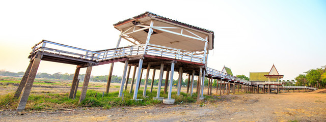 Dry or arid lake with old vintage pavilion.