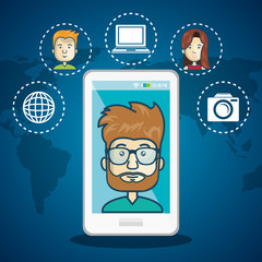 cartoon smartphone man internet connection world graphic vector illustration eps 10