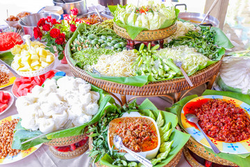 Big set of Thailand vintage food style with vegetable and chili sauce or chili paste.