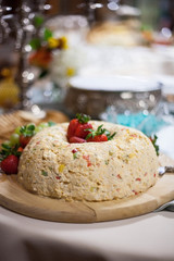 Catered wedding reception with strawberries, chocolate, punch, fruit, nuts, cheese 1