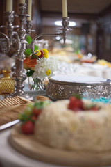 Catered wedding reception with strawberries, chocolate, punch, fruit, nuts, cheese 2