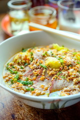 Noodles pork dumplings,spicy soup thai style