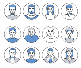 Avatars, characters people, men and women of different professions, flat vector line icons