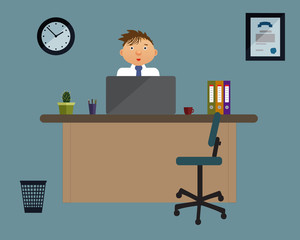 Businessman on the working place in the office on blue background. Vector illustration. Table, chair, clock, diploma. Perfect for advertising, brand sites and magazines 