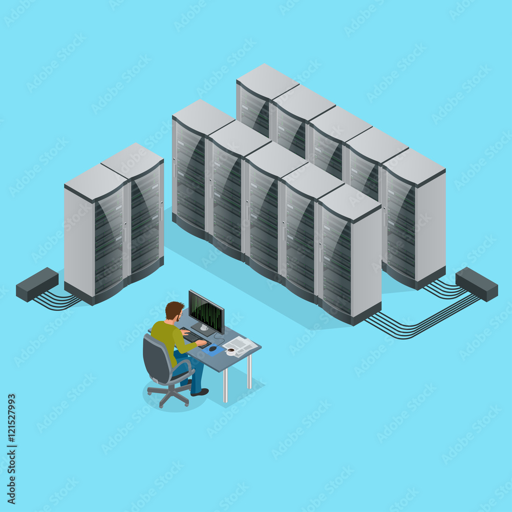 Poster isometric modern web network and internet telecommunication technology, big data storage and cloud c
