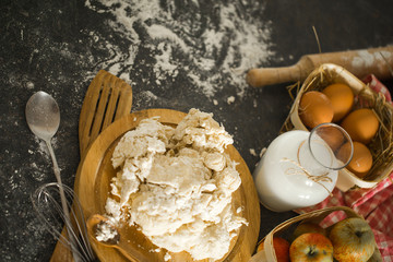 Baking ingredients on the kitchen table. Top view.