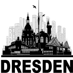 Wandtattoo Dresden Deutschland Skyline Silhouette Umriss Semperoper Zwinger Frauenkirche Fernsehturm Bogenschütze Dampfer Fichteturm Blaues Wunder Brücke Sachsen Sehenswürdigkeiten Panorama Großstadt © Jyll