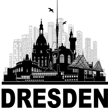 Wandtattoo Dresden Deutschland Skyline Silhouette Umriss Semperoper Zwinger Frauenkirche Fernsehturm Bogensch&uuml;tze Dampfer Fichteturm Blaues Wunder Br&uuml;cke Sachsen Sehensw&uuml;rdigkeiten Panorama Gro&szlig;stadt