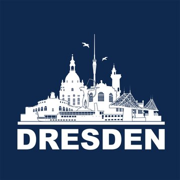Wandtattoo Dresden Deutschland Skyline Silhouette Umriss Semperoper Zwinger Frauenkirche Fernsehturm Bogensch&uuml;tze Dampfer Fichteturm Blaues Wunder Br&uuml;cke Sachsen Sehensw&uuml;rdigkeiten Panorama historisch