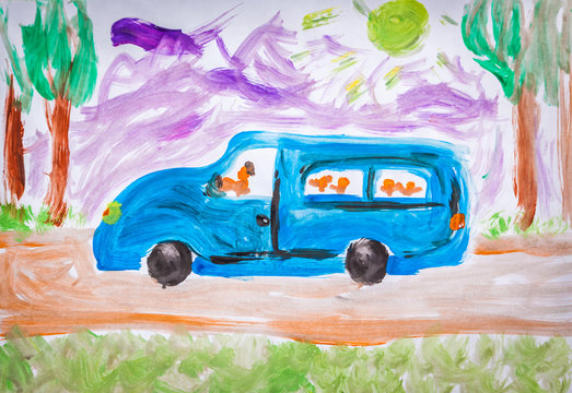 Watercolor painting of a blue school bus
