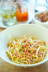 Noodles pork dumplings,spicy soup thai style