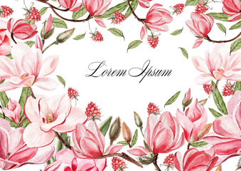 Beautiful watercolor greeting card , wedding invitation with flowers and leaves of magnolia . Illustration