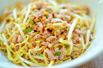 Noodles pork dumplings,spicy soup thai style