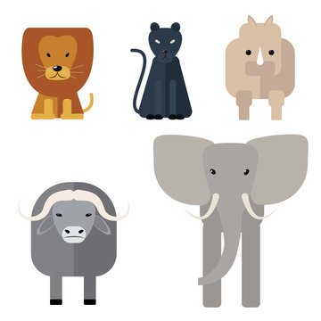 Animals of Africa. Big Five . Vector illustration of a flat