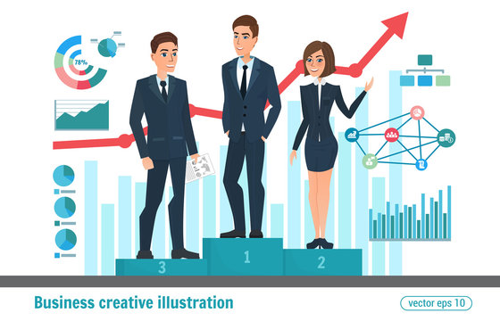 Business professional. Award winners. Victory champion, winner first successful businessman reward, win competition. Vector creative illustrations flat design. Worker people Man and Women
