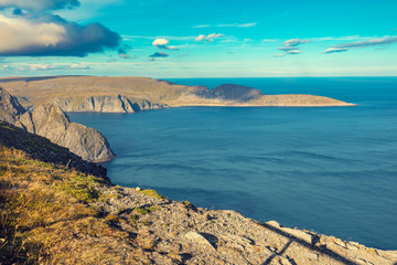 Fjord with blue sky in sunny day. Nordkapp, Norway