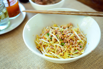 Noodles pork dumplings,spicy soup thai style
