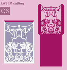 Bird cage wedding decor for laser cutting or die cutting. Cut out paper envelope or card holder for wedding decor with bird cage.