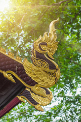 Fototapeta na wymiar golden woodcraft Naga in Thai temple chapel roof decoration.