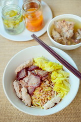 Noodles pork dumplings,spicy soup thai style