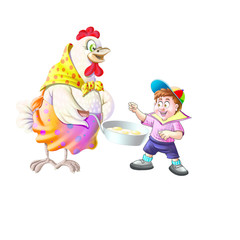 Boy and a hen with omelet