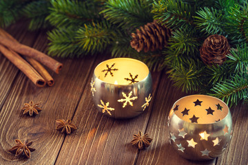 Burning candle lanterns