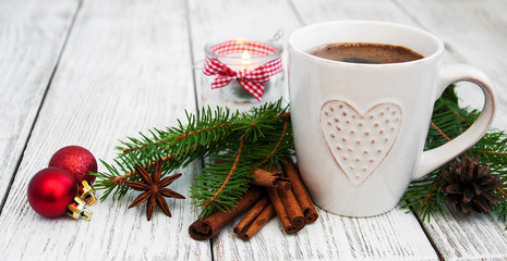 Cup of coffee and christmas decoration