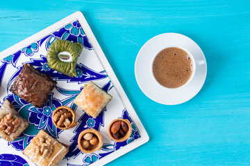 Assorted baklava and Turkish coffee